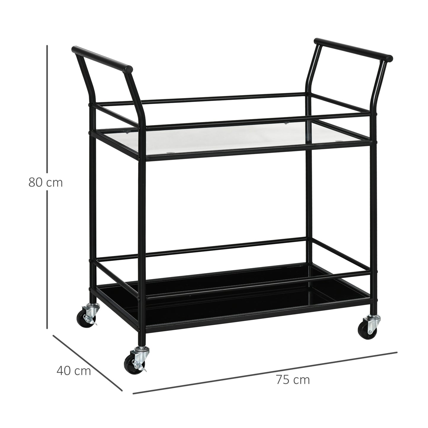 Keukentrolley – Serveerwagen – Keukenwagen – Rolwagen – Opbergtrolley – 2 glazen planken – Metalen frame – 75x40x80 cm – Zwart – 4 zwenkwielen met remmen