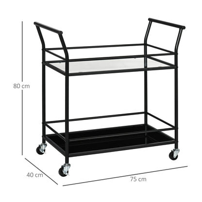 Keukentrolley – Serveerwagen – Keukenwagen – Rolwagen – Opbergtrolley – 2 glazen planken – Metalen frame – 75x40x80 cm – Zwart – 4 zwenkwielen met remmen