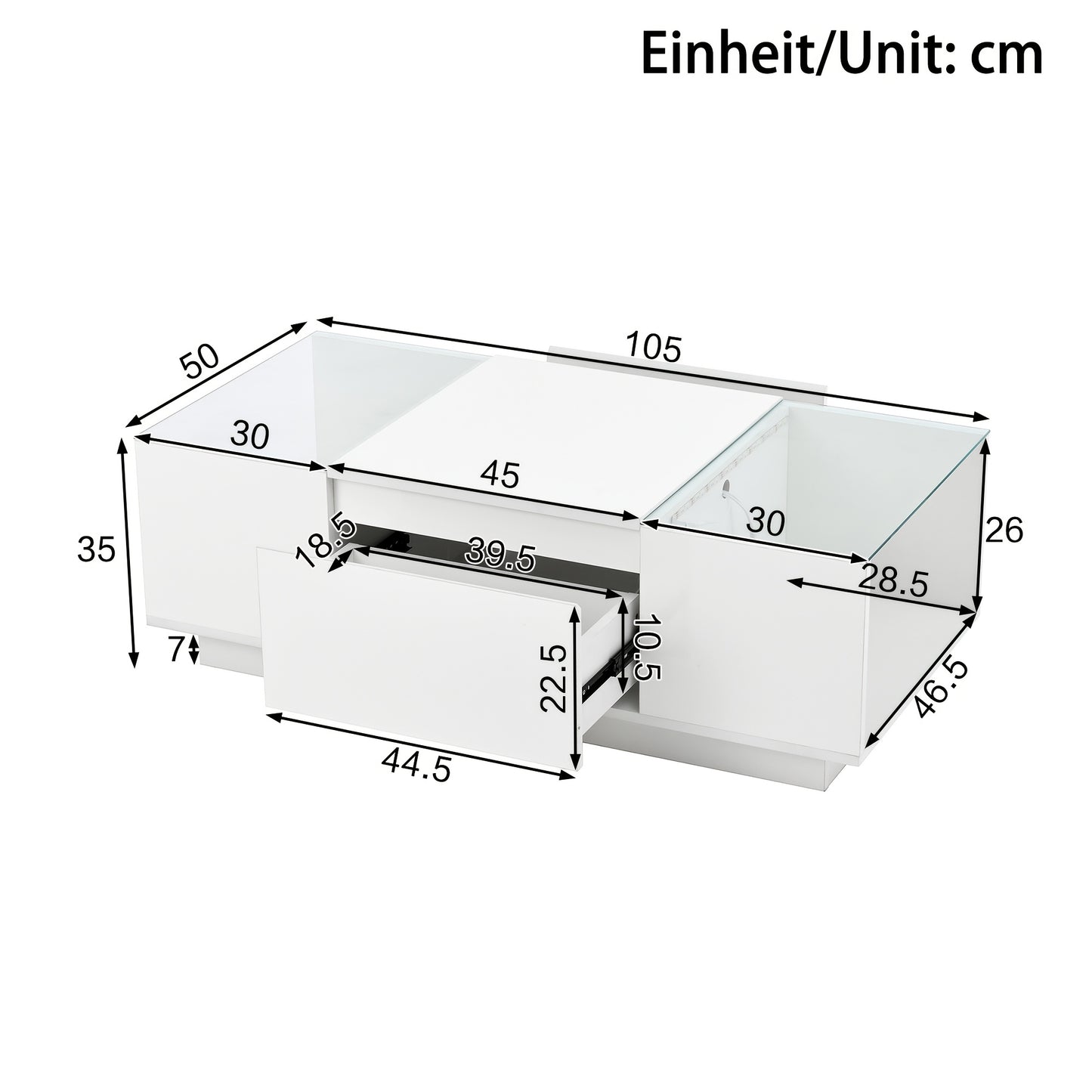 Salontafel – Koffietafel – Woonkamertafel – Bijzettafel – Wit – Glazen Blad – 2 Lades – Ruimtebesparend & Eenvoudige Montage