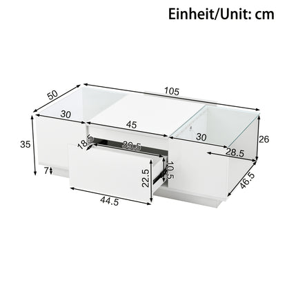 Salontafel – Koffietafel – Woonkamertafel – Bijzettafel – Wit – Glazen Blad – 2 Lades – Ruimtebesparend & Eenvoudige Montage