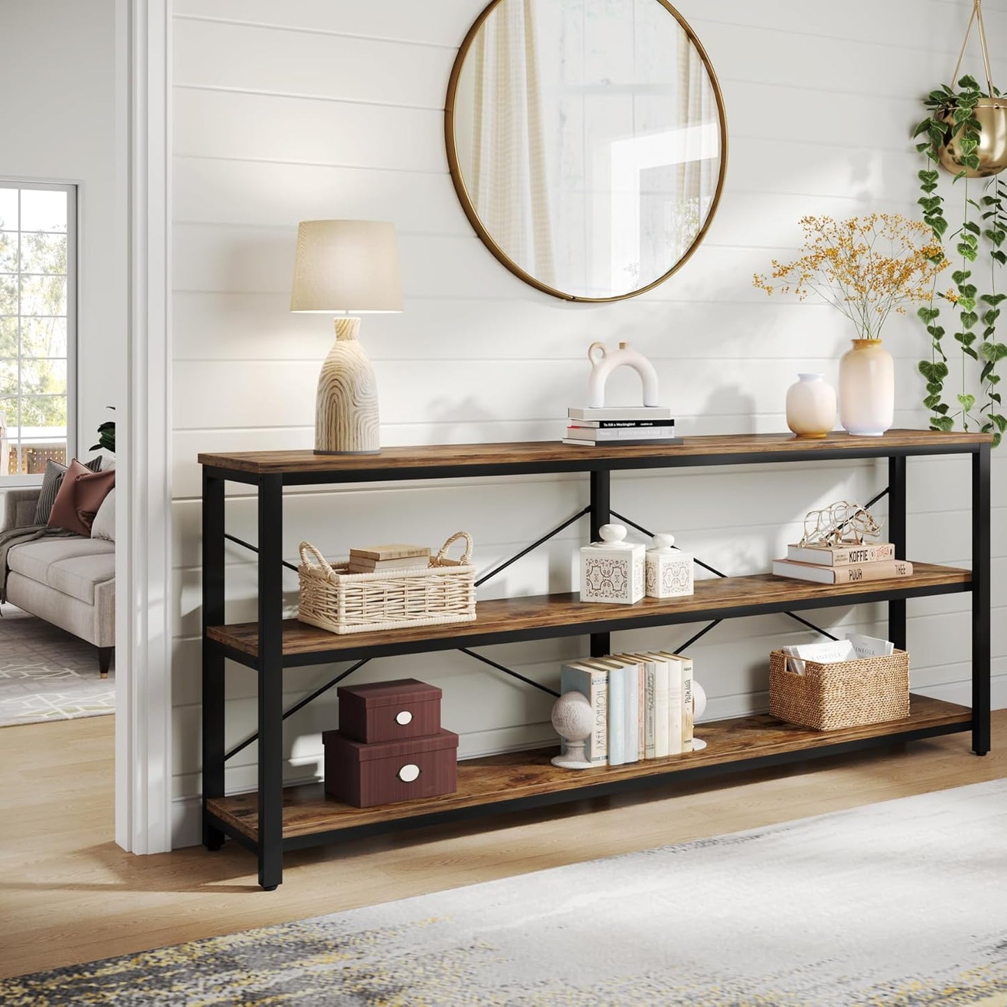 Vintage Sidetable – Industriële Tafel – Sofa Tafel – Console Tafel – Haltafel – 180 cm – 3 Lagen Metalen Frame – Robuust Met Dikke Blad