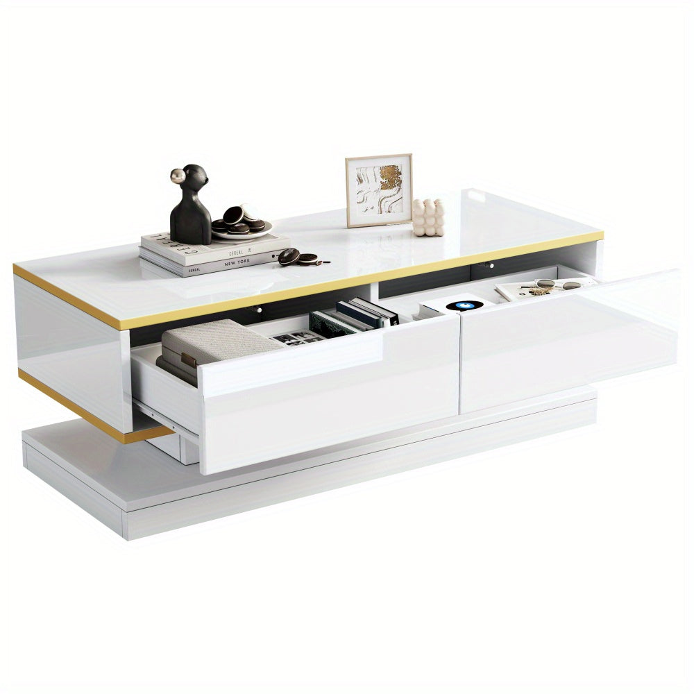 Salontafel – Woonkamertafel – Koffietafel – Bijzettafel – Coffee Table – Warm Wit Met Gouden Accenten – 2 Ruime Lades – 100 Cm Breed Met Stabiel Metalen Frame