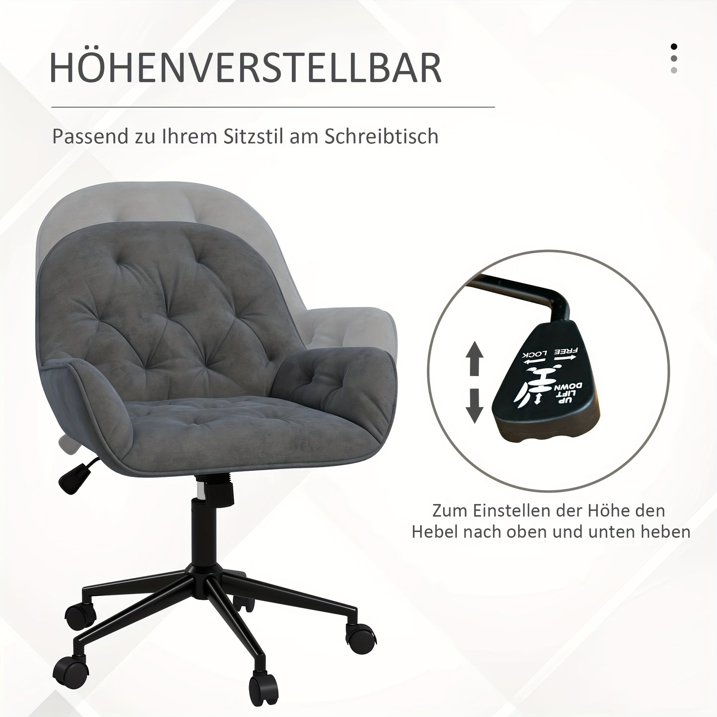 Bureaustoel – Draaistoel – Kantoorstoel – Werkstoel – Stoel – Donkergrijs Velvet – Verstelbare Zithoogte – Ergonomisch Met Stabiel Metalen Frame