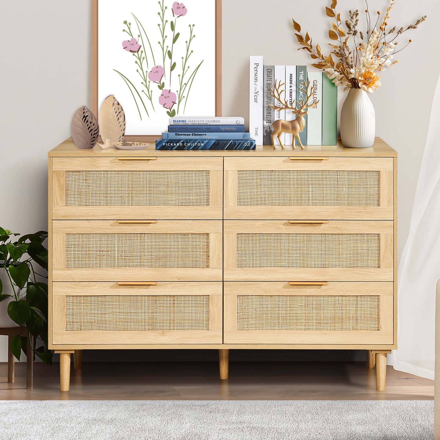 Rattan Commode – Ladekast – Kast – Dressoir – Opbergkast – Naturel Hout – 6 Ruime Lades Met Duurzaam Rattan En Anti-Omvalbeveiliging