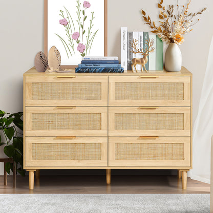 Rattan Commode – Ladekast – Kast – Dressoir – Opbergkast – Naturel Hout – 6 Ruime Lades Met Duurzaam Rattan En Anti-Omvalbeveiliging
