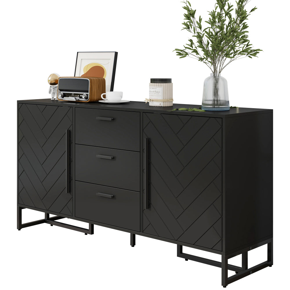 Dressoir – Opbergkast – Buffetkast – Ladekast – Wandkast – Wit – Visgraatpatroon – 2 Deuren & 3 Laden – Eigentijds Design