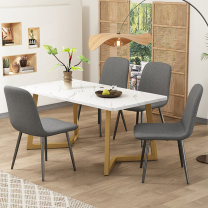 Eettafelset – Eethoek – Keukentafelset – Zitgroep – Eetkamertafel – Modern Design – Wit MDF Tafelblad met Gouden Metalen Poten – 4 Stoelen met Grijze Linnen Bekleding