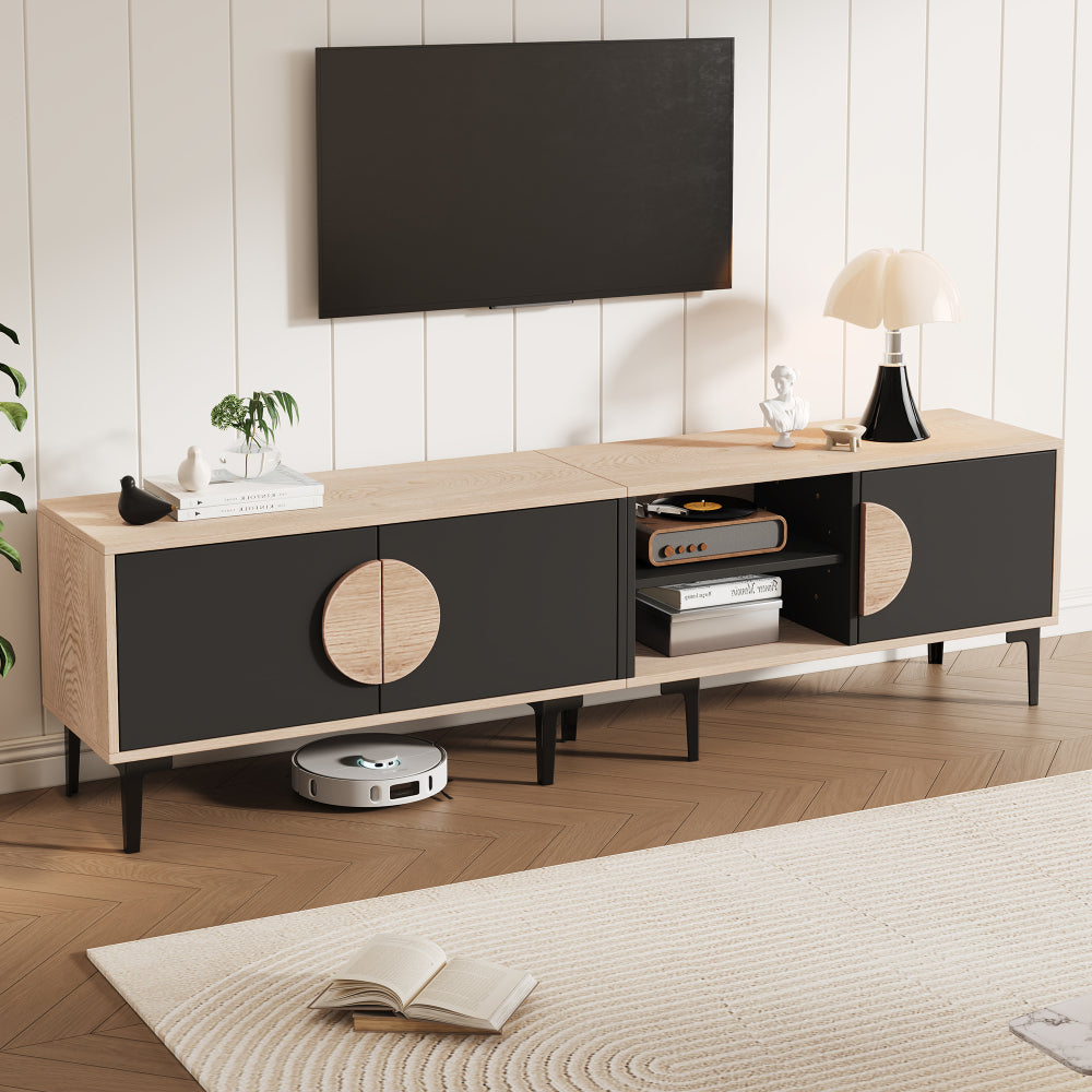 Modern TV Stand Compatible for 80-Inch TVs - Low Profile Media Console with 2 Cupboards & Open Shelves, Heavy-Duty Metal Frame, Assembly, Living Room Entertainment (180x35x49cm)
