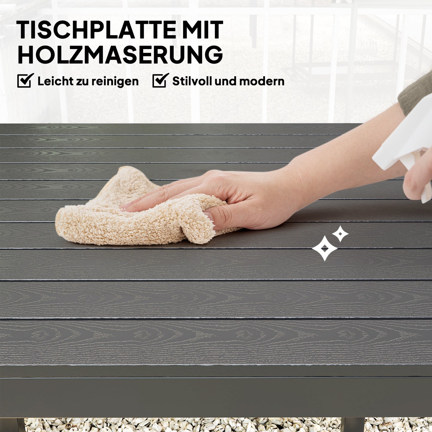 Weerbestendige Tuin- en Terrastafel – Buiten Tafel – Balkon Tafel – Camping Tafel – Tuinmeubel – Zwart – Aluminium Frame – Houtlook Kunststof Blad – 73x73 cm – Voor 4 Personen