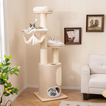 kattenboom – krabpaal – kattenmeubel – kattenhuis – kattencondo – 187 cm hoog – duurzaam hout en sisal krabmat