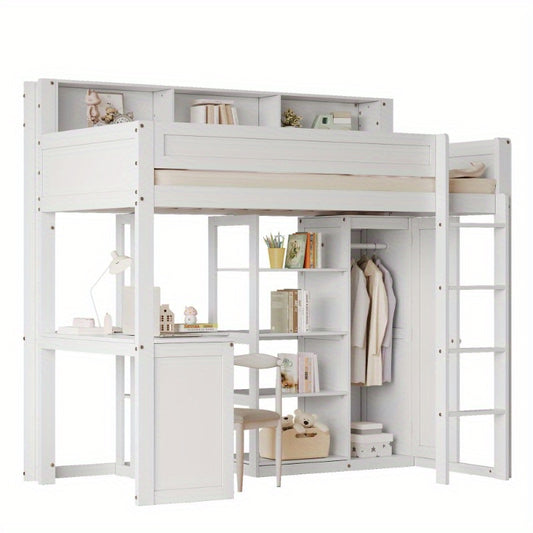 Hoogslaper – Stapelbed – Kinderbed – Eenpersoonsbed – Multifunctioneel Bed – Ingebouwd Bureau & Kledingkast – Ruimtebesparend Ontwerp – Stevig Wit Hout 90x200 cm