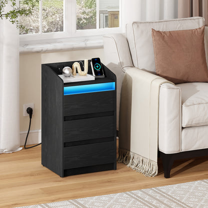 nachtkastje – bijzettafel – nachtkastje met lade – slaapkamertafel – nachtkastje set – oplaadstation met 2 USB en 2 stopcontacten – 3 grote lades – LED-verlichting – zwart – 35x40x68 cm – spaanplaat