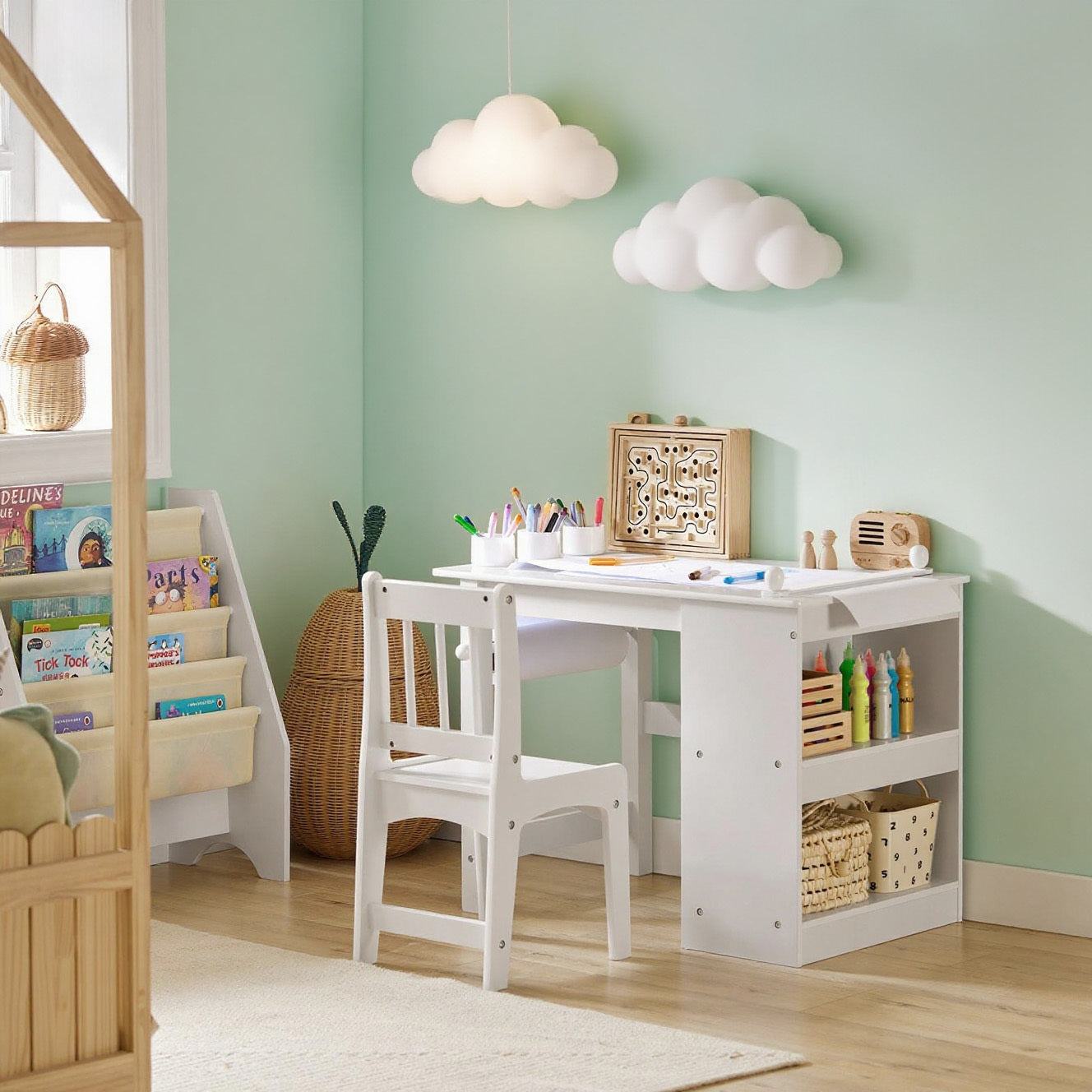 Kinderbureau Set – Kinderbureau Met Stoel – Kindertafel – Kindertafel Met Stoel – Kinderwerkplek – MDF En Grenenhout – Met Opbergruimte En Ergonomische Rugleuning