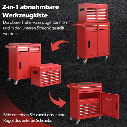Werkplaatswagen – Gereedschapswagen – Opbergwagen – Toolcart – Werkplaatskast – 2-in-1 Afneembare Bovenkast – Verstelbare Schappen – Metalen Constructie – 100 kg Belastbaar – Mobiel Met 4 Zwenkwielen – Rood – 59x28x102 cm