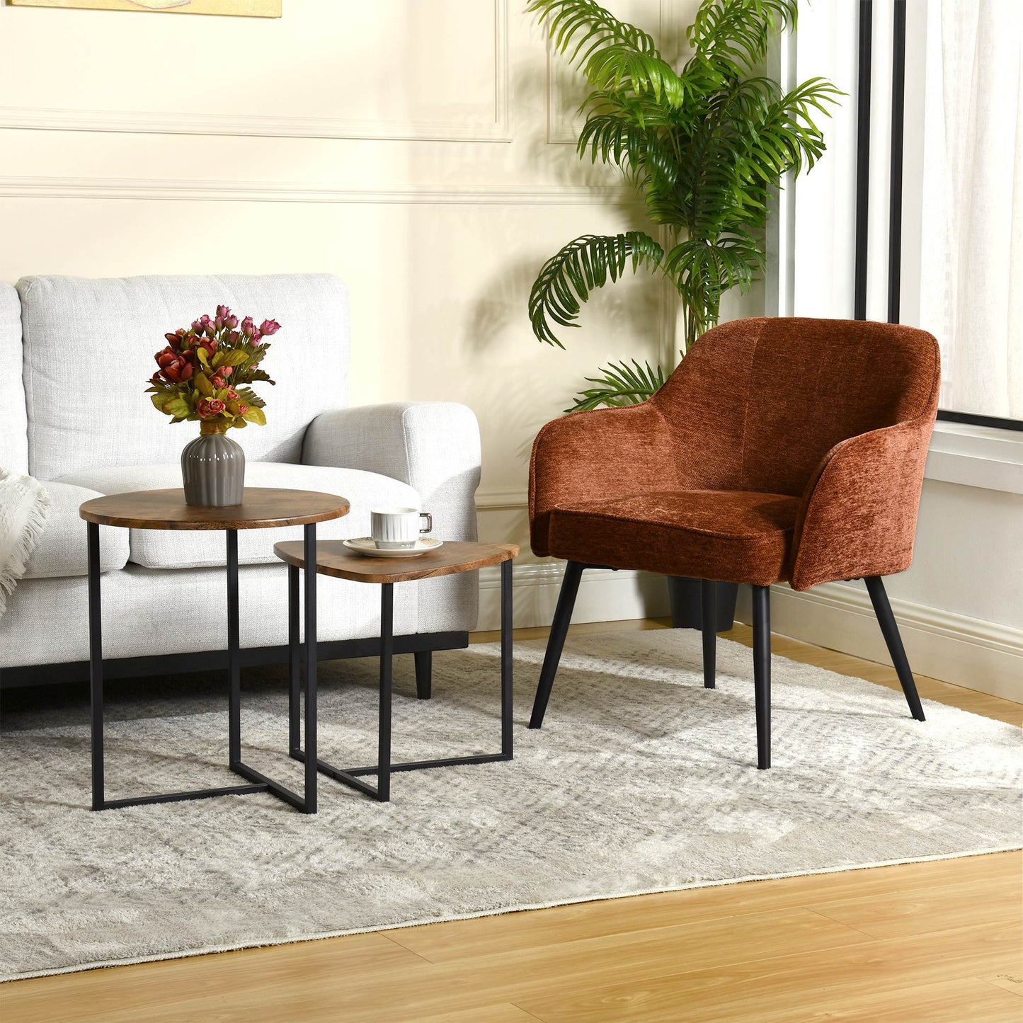Fauteuil – Zetel – Lounge Chair – Relaxstoel – Armstoel – Caramel Chenillestof – 10 cm Dikke Schuimlaag – Metalen Kruispoot Frame – Compacte Afmetingen 65,5x65x81,5 cm