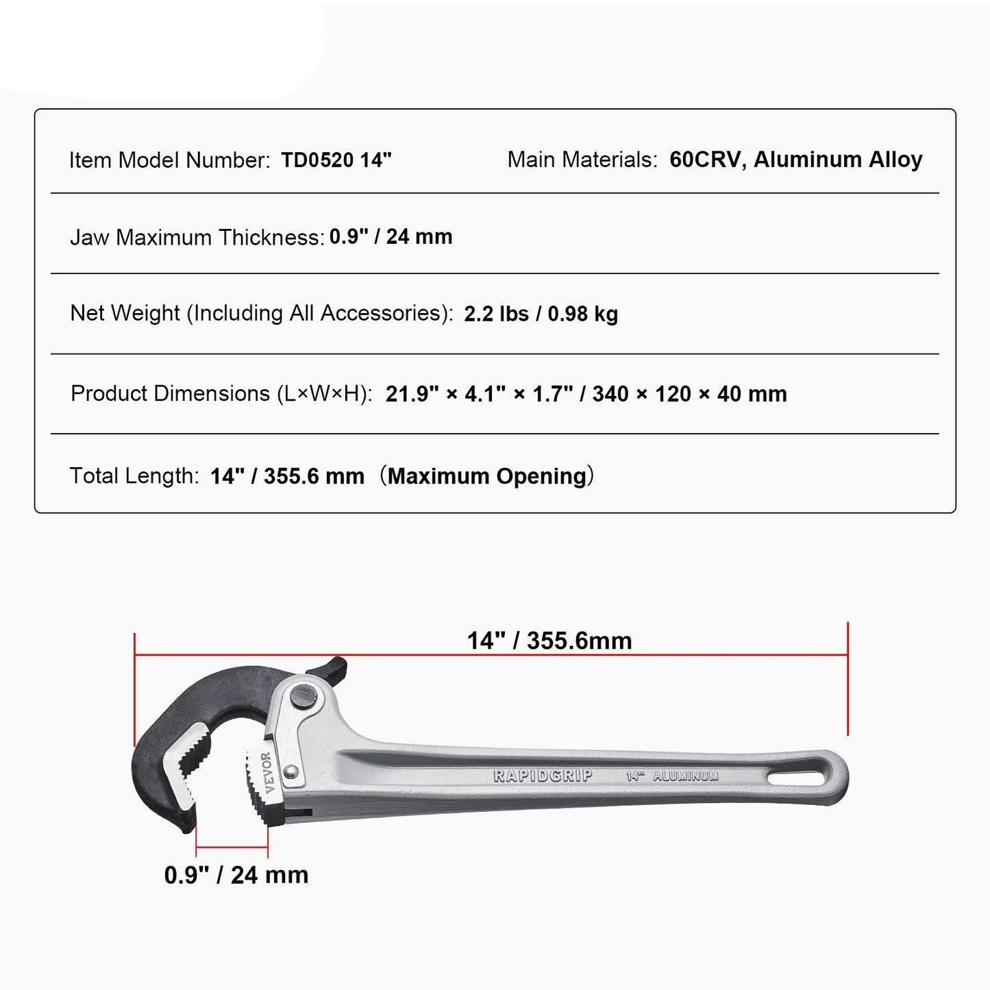 Pijpsleutel – Buisratel – Buismoersleutel – Sanitairgereedschap – Installatiesleutel – Aluminium – 14 Inch – Automatische Bekverstelling – Ergonomisch Handvat