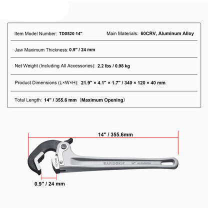 Pijpsleutel – Buisratel – Buismoersleutel – Sanitairgereedschap – Installatiesleutel – Aluminium – 14 Inch – Automatische Bekverstelling – Ergonomisch Handvat