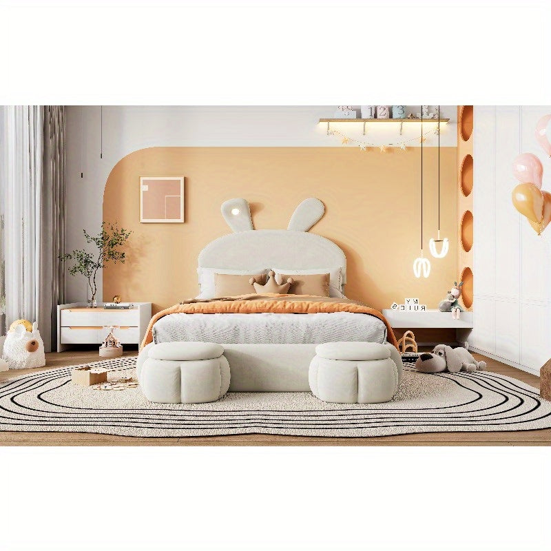 Beige Velvet Opbergbed – Bed Frame Met Opbergruimte – Tweepersoonsbed – Slaapbank – Bed Met Hoofdbord – 140x200 cm – Met Warm Verstelbaar Licht – Inclusief 2 Krukken