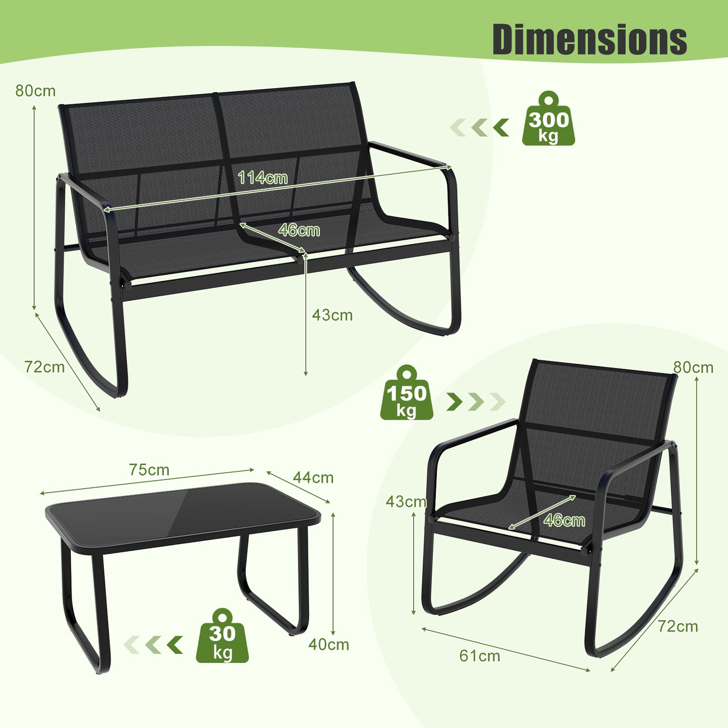 Bistroset – Tuinset – Balkonset – Buitenmeubels – Zitgroep – Thermo Gelakt Metalen Frame – Comfortabele Swing Schommelstoelen