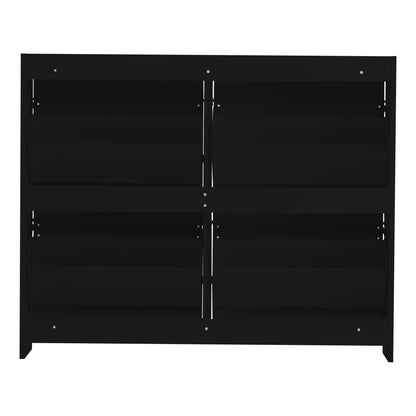 Modern Metal Shoe Cabinet with 4 Flip-Top Doors & Open Shelves - Freestanding Shoe Storage Organizer with Space-Saving Design, Sturdy Construction for Entryway, Hallway, Living Room - Black Shoe Rack with Hidden Storage Compa