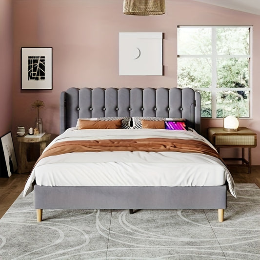 Bedframe – Bed Frame – Bed Steiger – Bedmontage – Slaapkamer Meubel – Grijs – Minimalistisch Design – Bamboe Materiaal – Ingebouwd Nachtkastje