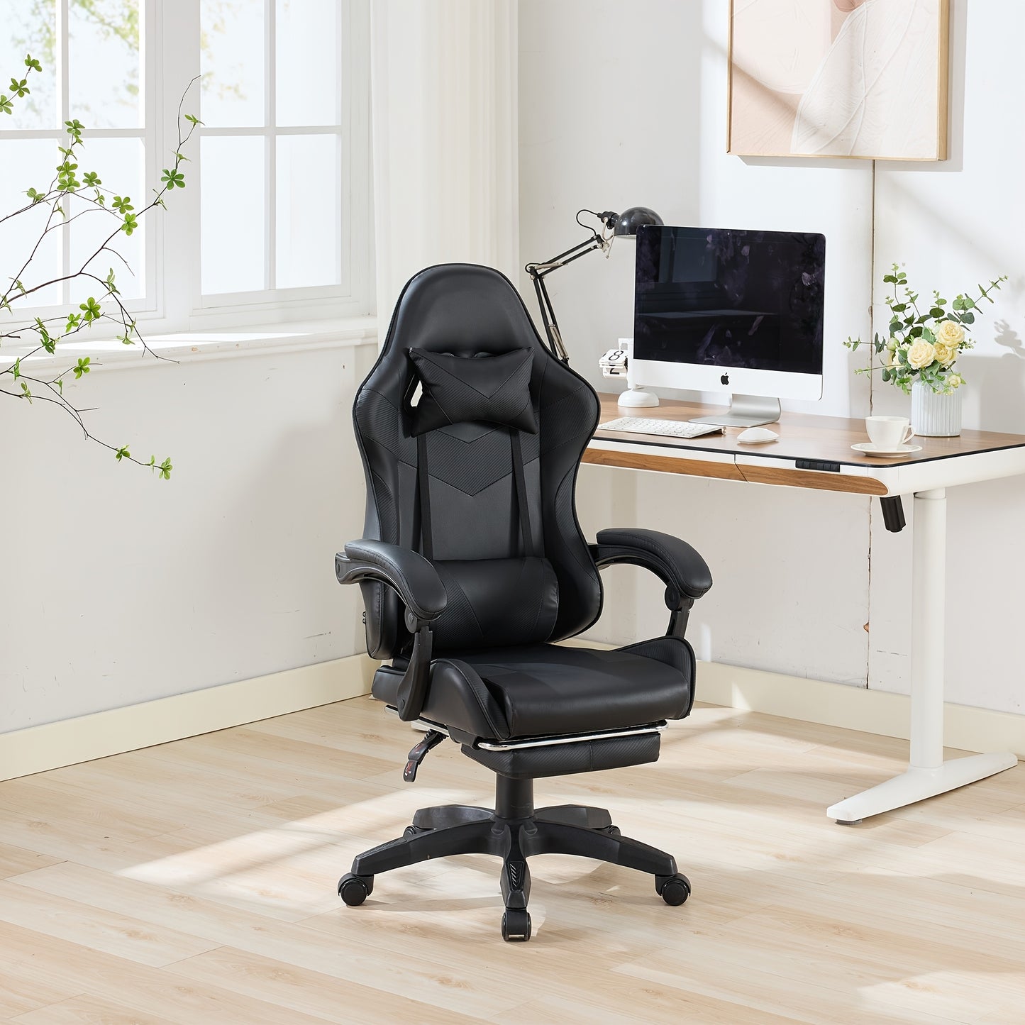 360° Rotating Racing Car Design Lounge Chair, Gaming Chair, High-back Office Chair, Height Adjustable, with Wheels, Footrest, Headrest And Lumbar Support.