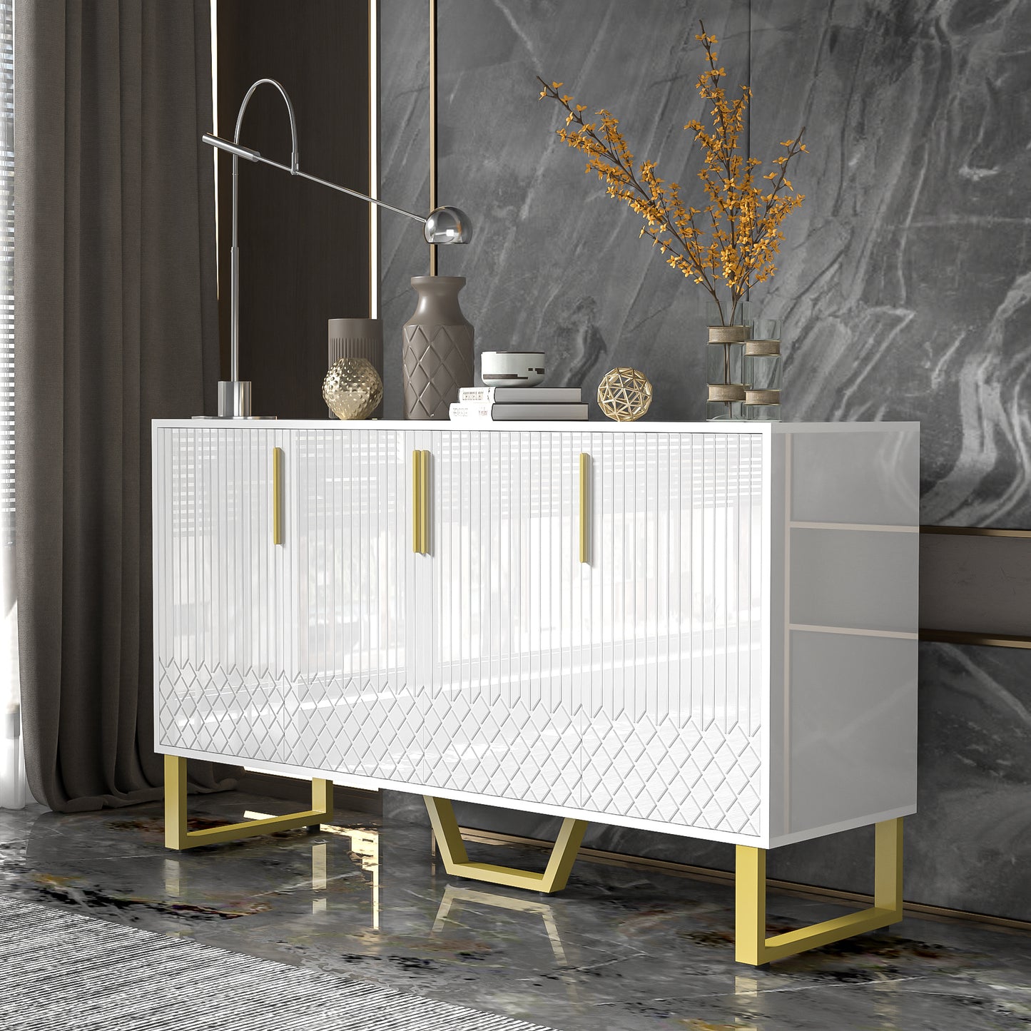 Dressoir – Sideboard – Opbergkast – Kast – Buffetkast – Wit Hoogglans – Geometrische Deuren – 140x40x80 cm – Metalen Handgrepen – Metalen Pootjes