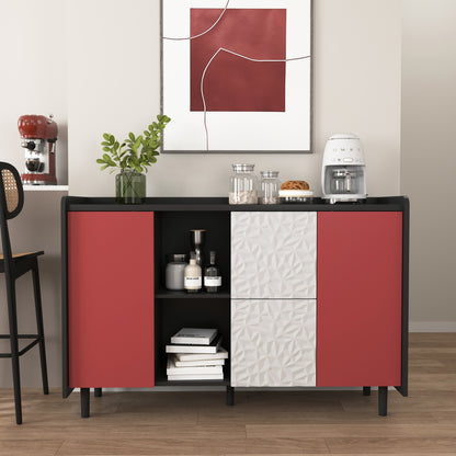 Modern Black & Red Metal Sideboard Cabinet with 2-Drawer Panel Design & Open Shelves - Coffee Bar Storage, Non-Wood Kitchen/ Furniture, Easy Assembly Required (Contemporary for Decor)