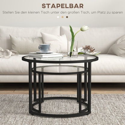 Salontafel Set – Bijzettafel – Side Table – Tafel – Lounge Tafel – Zwart Stalen Frame – Geharde Glazen Bladen – Deels Stapelbaar – Compact Formaat