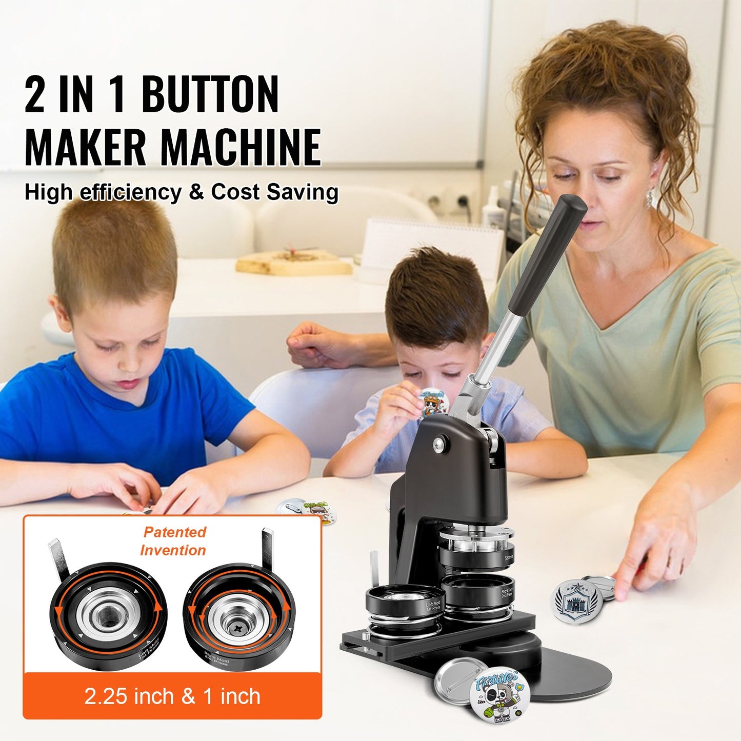 Buttonmaker – Badge Maker – Buttonmachine – Pin Maker – Knopenmachine – 25 & 58 mm Mallen – Duurzame Aluminium Behuizing – Complete Knutselset Met 500 Onderdelen