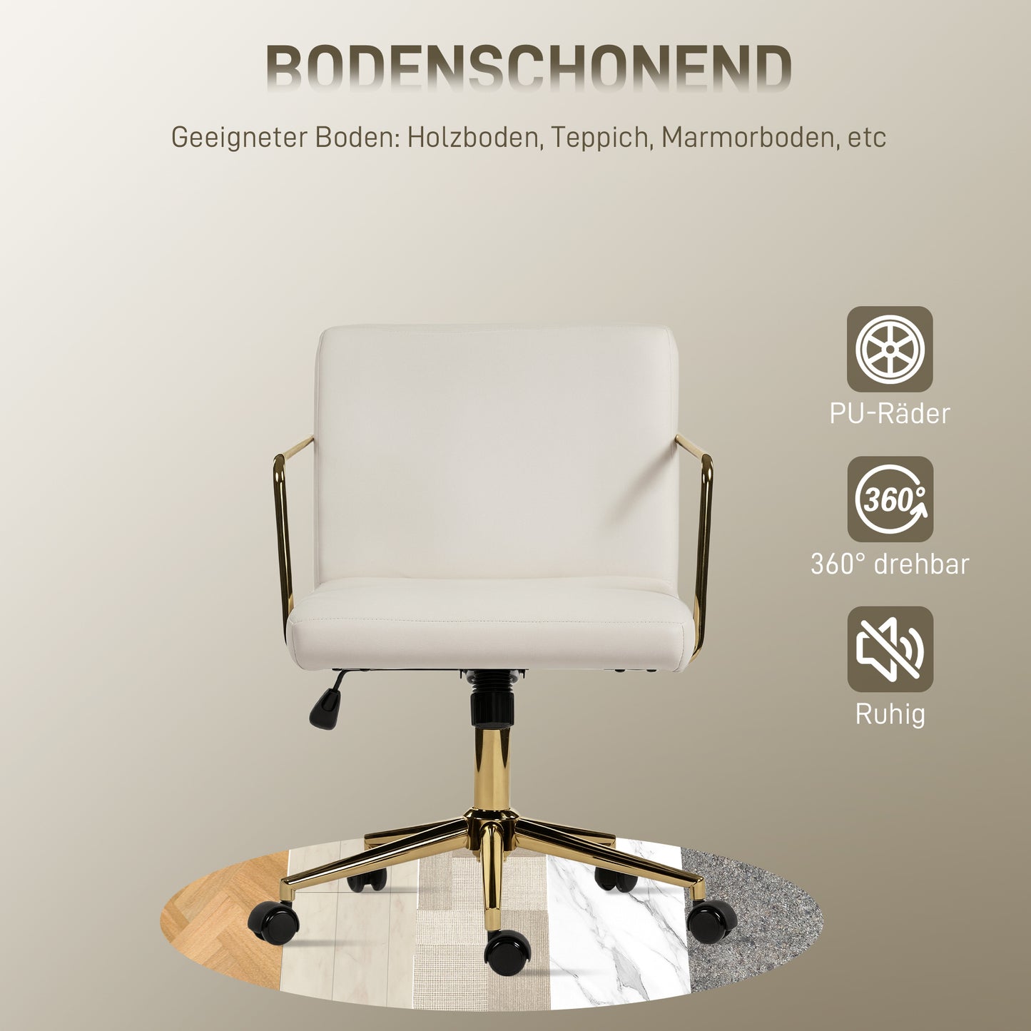 Bureaustoel – Kantoorstoel – Gamestoel – Draaistoel – Werkstoel – Velvet-Look Stof – Metaal Onderstel – Crèmekleur Met Gouden Accenten