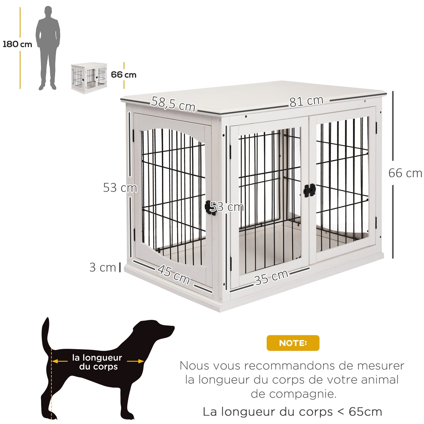 Hondenkennel – Hondenkooi – Hondenhok – Hondenbench – Huisdierkooi – Wit Zwart MDF – 3 Slotbare Deuren – Ruim 81x58x66 cm – Max 30 kg