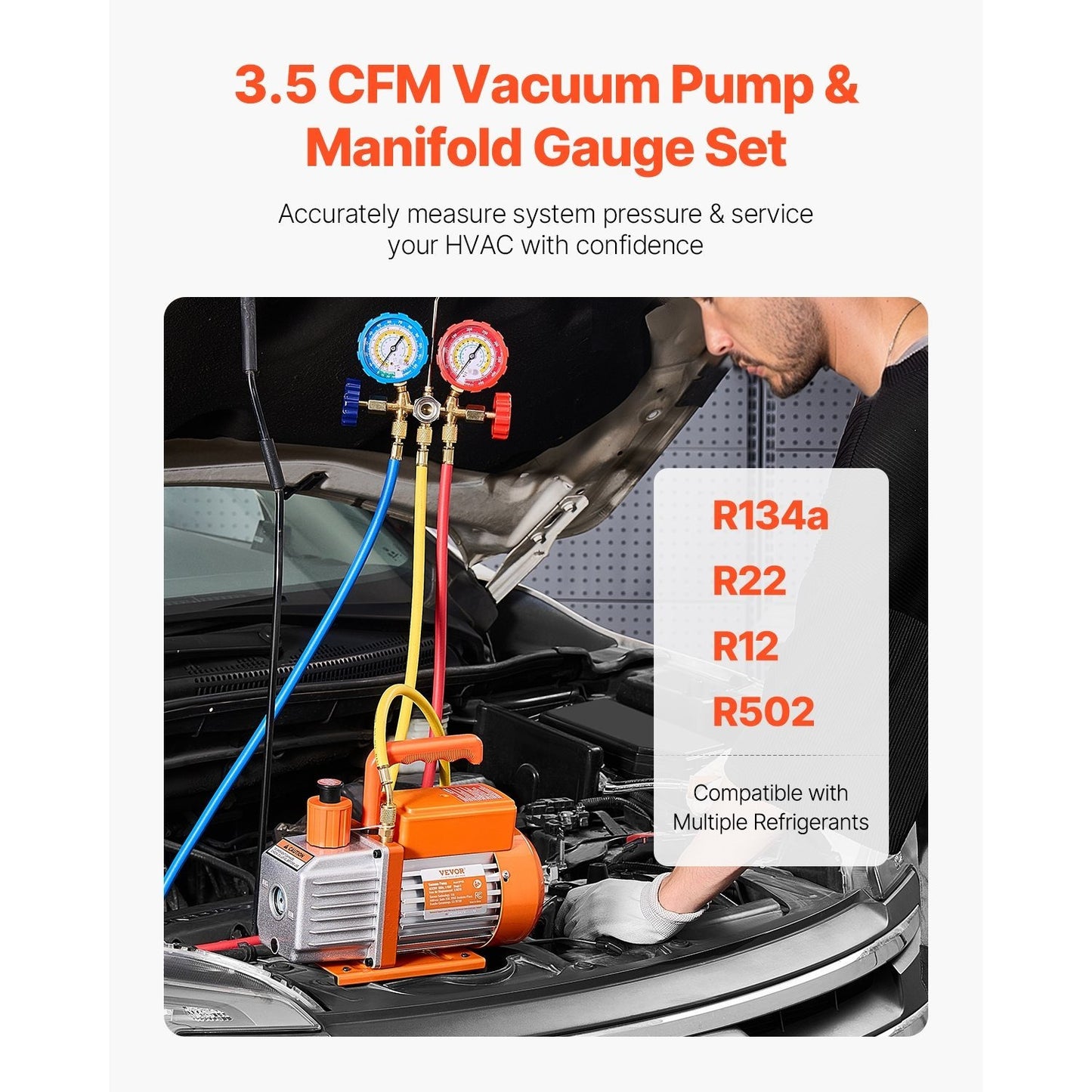 Vacuümpomp – Vacuümpompset – Aircopomp – Koeltechniek Set – Manometerset – Compatibel Met R134a R22 R12 R502 – 3,5 CFM Capaciteit – Precisie Manometer Met Kleurgecodeerde Slangen – Oranje Variant