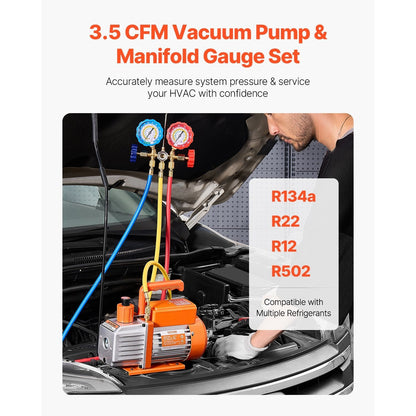 Vacuümpomp – Vacuümpompset – Aircopomp – Koeltechniek Set – Manometerset – Compatibel Met R134a R22 R12 R502 – 3,5 CFM Capaciteit – Precisie Manometer Met Kleurgecodeerde Slangen – Oranje Variant