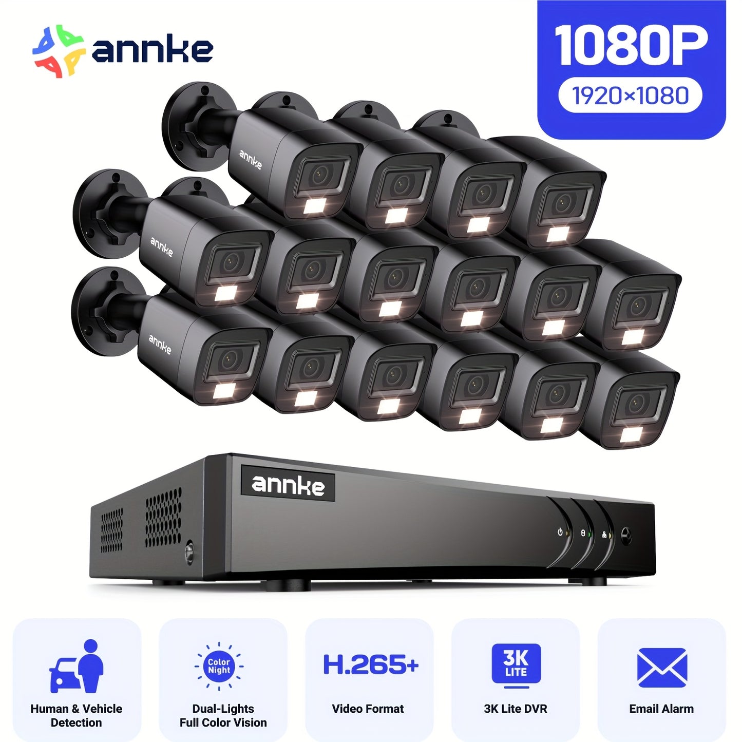 Beveiligingscamera Set – Camerabewaking – Bewakingscamera – CCTV Beveiliging – Beveiligingssysteem – 16 Camera’s 1080p Full HD – AI Mens & Voertuig Detectie
