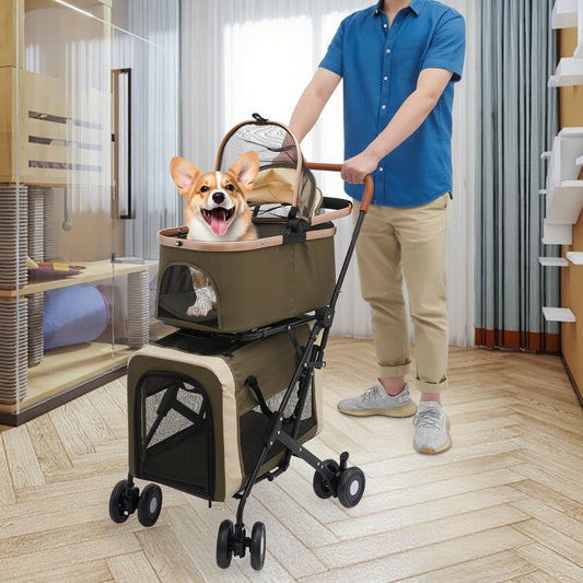 2-Tier Pet Stroller | Premium Materials, Breathable and Comfortable, Multifunctional Design, Easy to Store and Carry, Suitable for Cats and Dogs, NaMaSyo, Army Green