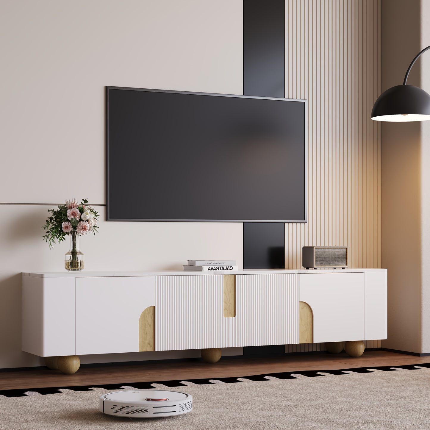 Tv Meubel – TV Kast – Televisiekast – TV Dressoir – TV Meubels – 180 cm Breed – Wit Met Marmerlook Blad – 4 Deuren – Stevige Bolvormige Houten Poten