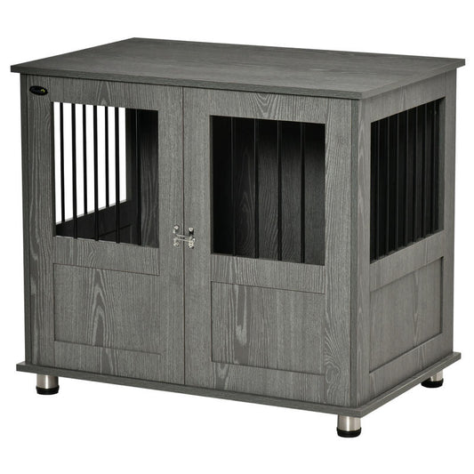 Hondenbench – Hondenhok – Hondenkooi – Hondenhuis – Kennel – Extra Ruim – Hout & Metaal – Dubbele Deuren Met Magneetsluiting – Modern Grijs – Voor Middelgrote en Grote Honden
