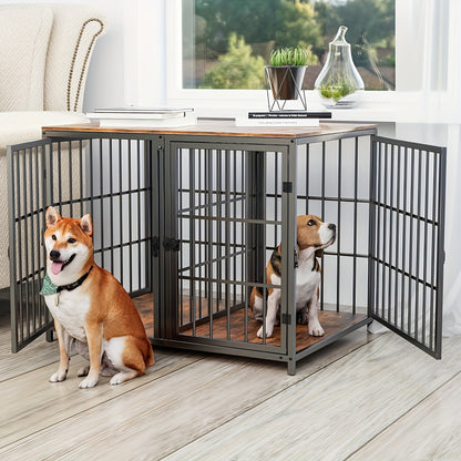 Hondenbench – Hondenkooi – Hondenmand – Puppyren – 90x62x68,5 CM – Stevig IJzeren Frame Met Houten Afwerking – Vier Deuren Met Tussenschot