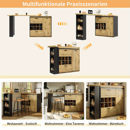 Eettafel – Keukentafel – Tafel – Uitschuifbare Tafel – Bar tafel – Verstelbaar tot 220 cm – Rattan met Opbergruimte en Wijnrek