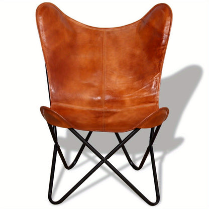 Bruine Leren Vlinderstoel – Accentstoel – Fauteuil – Armstoel – Leunstoel – Echt Leer – Comfortabele Zitting – Stijlvolle Woonkamerstoel