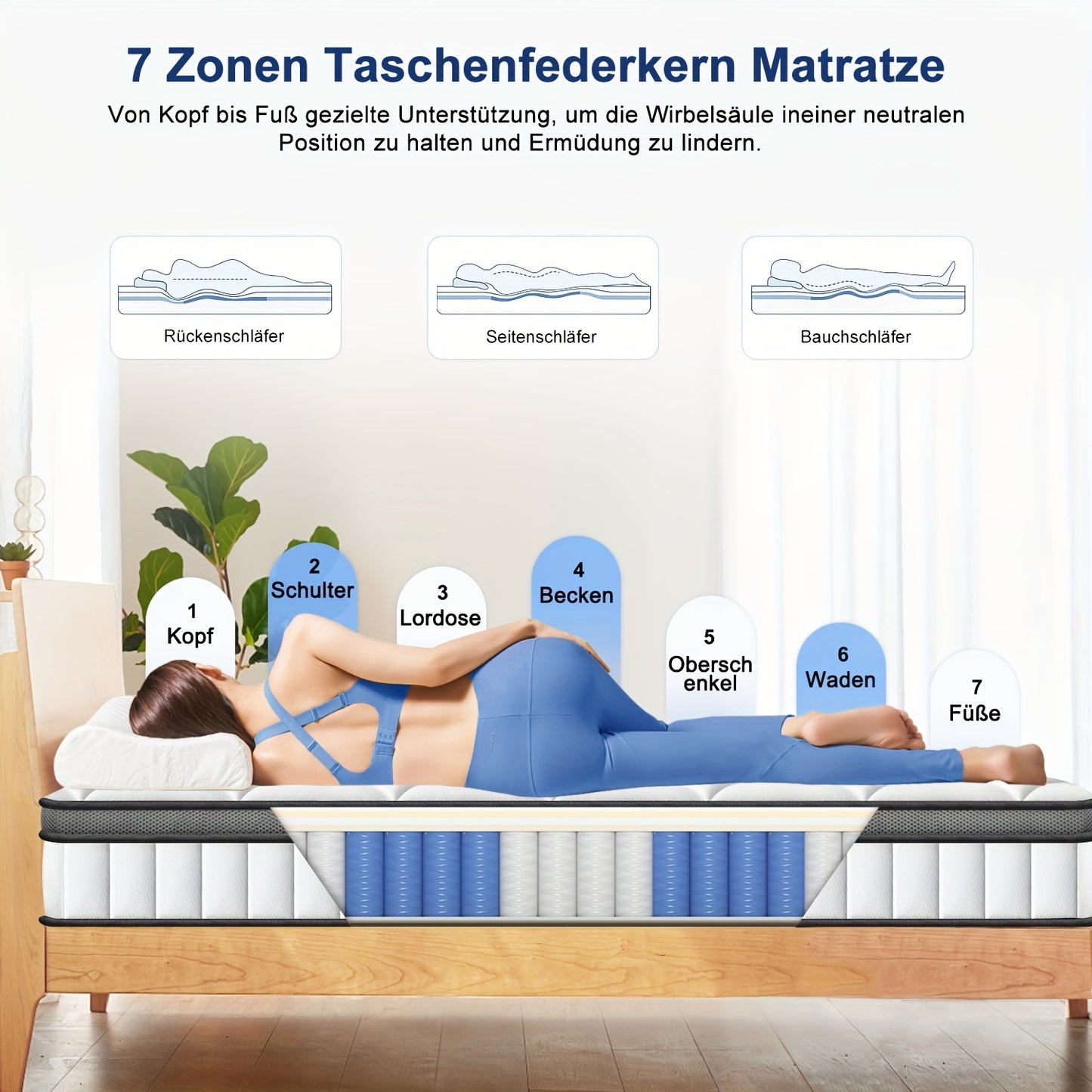 Matras – Pocketveringmatras – 7 Zones Matras – Stevig Matras – Tweepersoonsmatras – 90x200 cm – 22 cm Hoogte – Hardheid H3