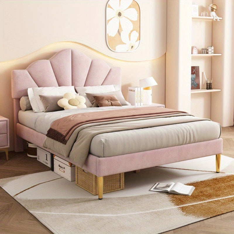 Uitschuifbaar Bed – Tweepersoonsbed – Bedframe – Slaapbank – Bedbodem – 140x190 cm – Velvet Gestoffeerd – Verstelbare Rugleuning met Gouden Poten