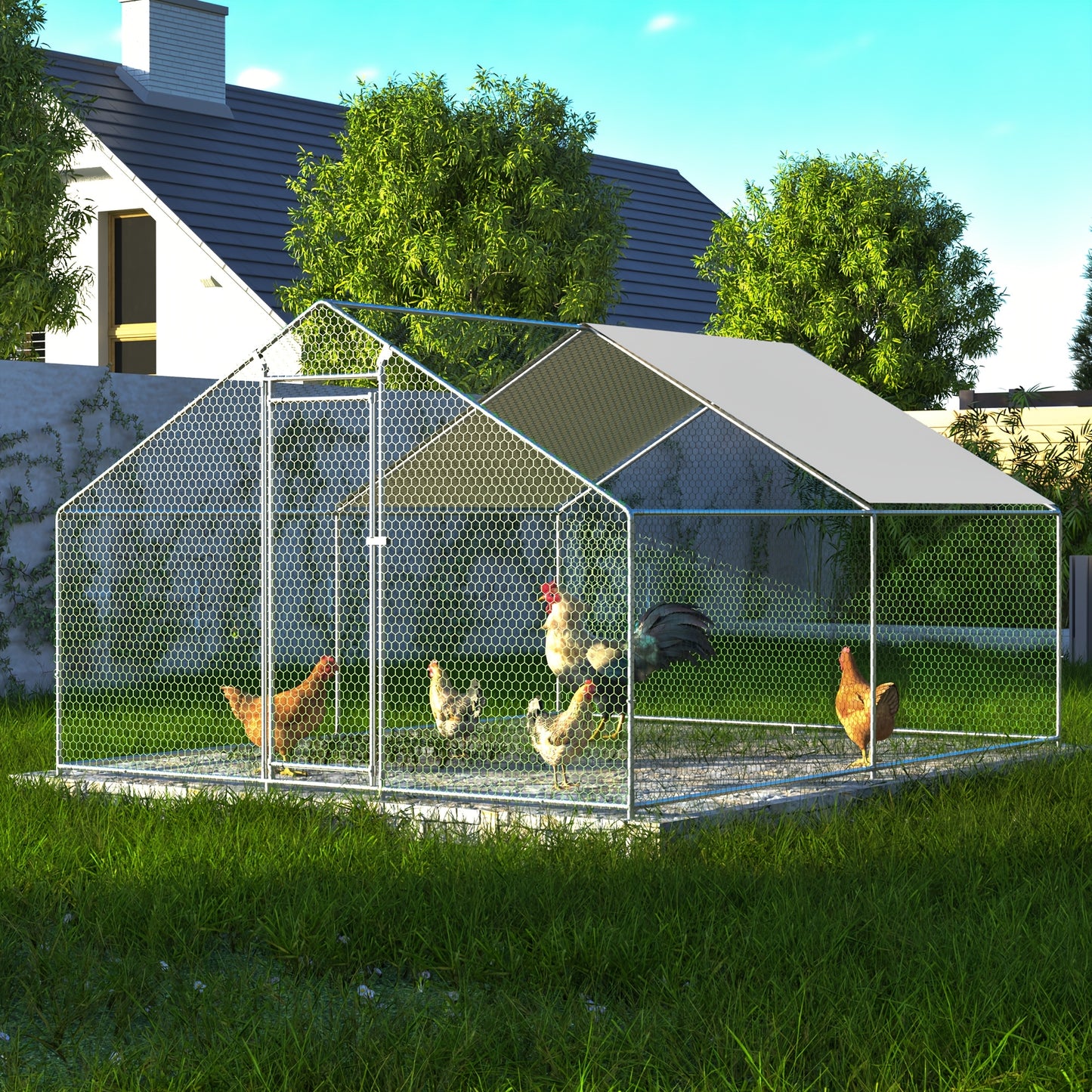 3m x 4m x 2m Outdoor Chicken Coop with Safety Lock and Waterproof PE Fabric, Metal Material, Suitable for Chickens, Rabbits, and Other Small Animals