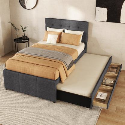 Bedombouw – Familiebed – Uitschuifbed – Opbergbed – Gestoffeerd Bed – 90x200 cm Slaapoppervlak – 3 Grote Lades – Verstelbaar Hoofdbord – Grijze Linnenstof