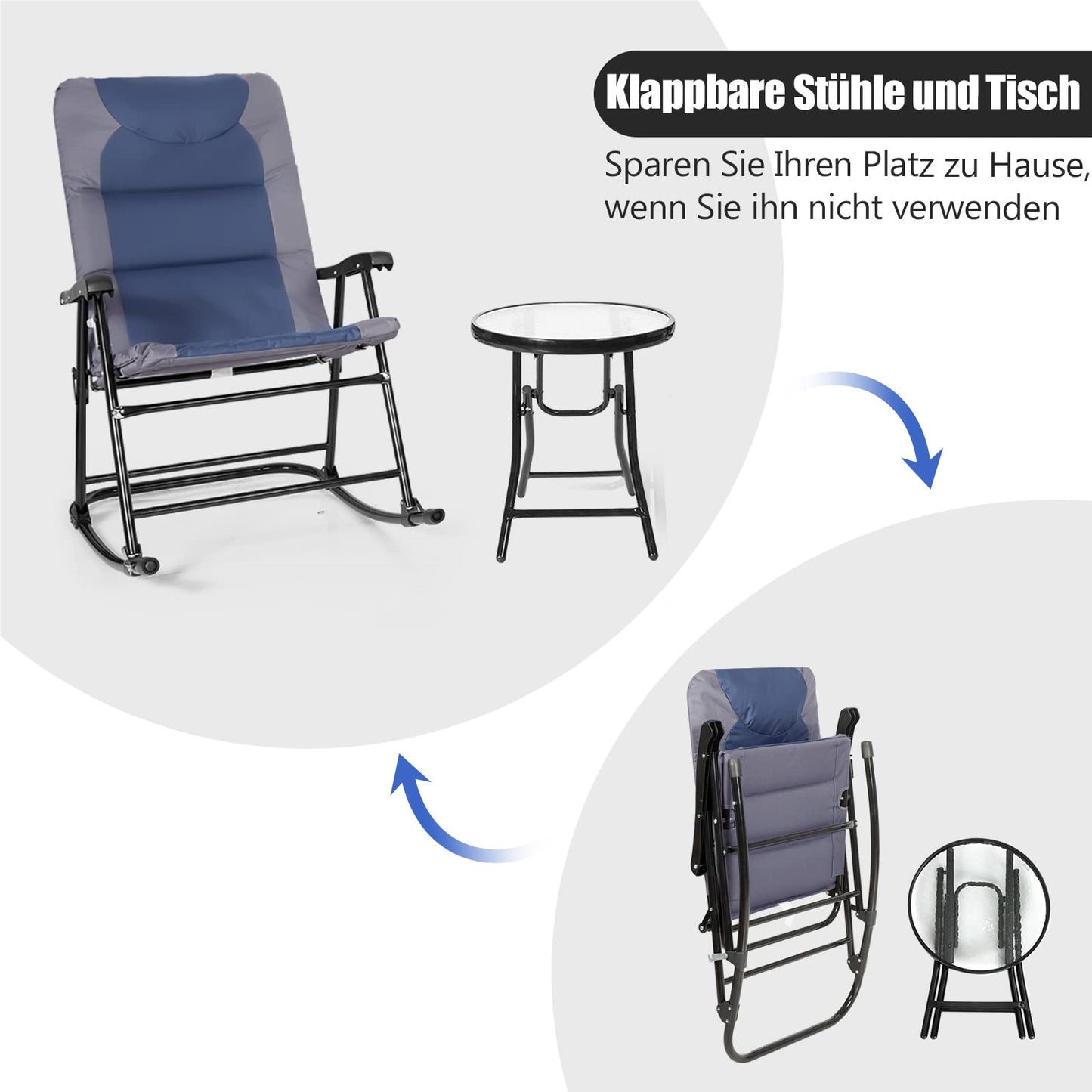 Tuinstoel – Schommelstoel – Loungestoel – Bistrostoel – Relaxstoel – 3-delige Set – Inklapbaar – Stalen Frame – Blauw