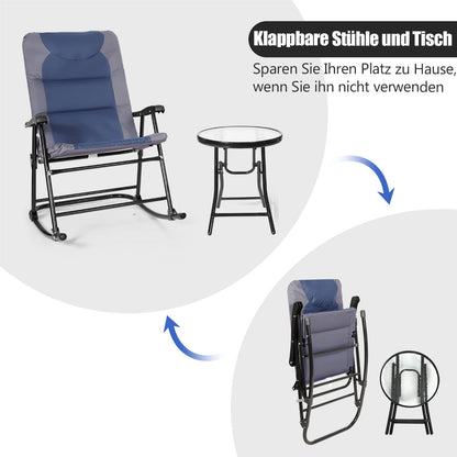Tuinstoel – Schommelstoel – Loungestoel – Bistrostoel – Relaxstoel – 3-delige Set – Inklapbaar – Stalen Frame – Blauw
