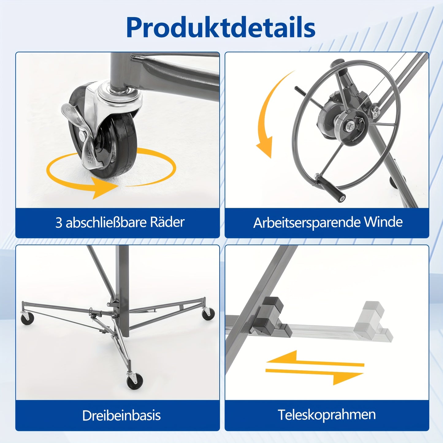 Heavy-Duty Drywall Lift with 150 lbs Load Capacity (68kg) - Adjustable Height 140-335cm & 60° Tilt, Foldable Drywall Panel Hoist with 3 Braked Wheels for Ceiling Installation, & Renovation - Compatible with Drywall Panels &