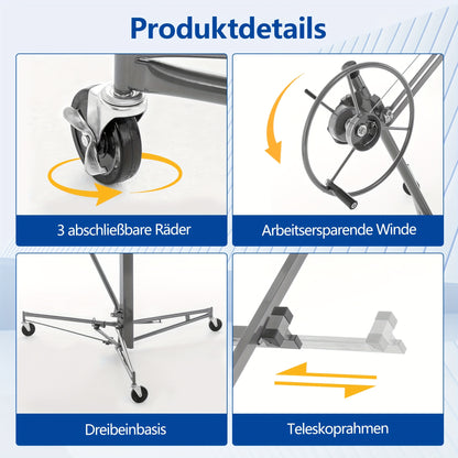 Heavy-Duty Drywall Lift with 150 lbs Load Capacity (68kg) - Adjustable Height 140-335cm & 60° Tilt, Foldable Drywall Panel Hoist with 3 Braked Wheels for Ceiling Installation, & Renovation - Compatible with Drywall Panels &