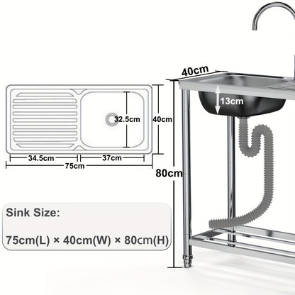 Roestvrijstalen Spoelbak Buiten – Tuinspoelbak – Mobiele Spoelbak – Buitenkraan – Enkele Bak – 75x40x80 cm – 304 RVS Materiaal – Mengkraan Warm/Koud